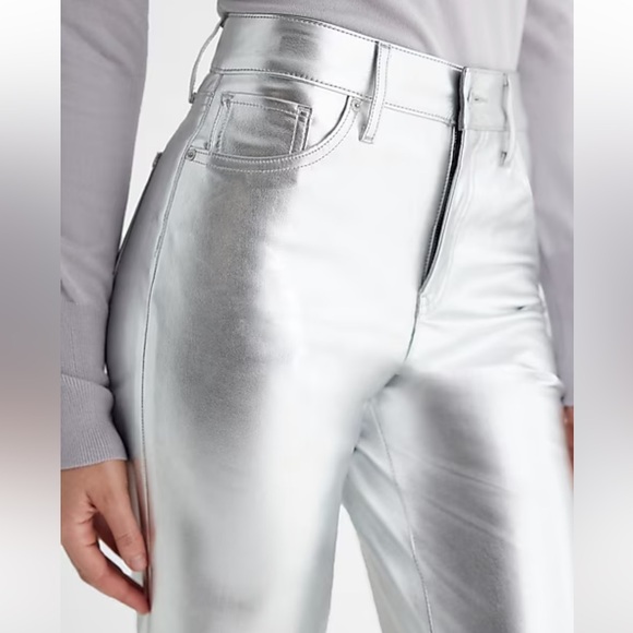 Express Silver High Waisted Metallic Faux Leather Modern Straight Pant NEW - Picture 2 of 7